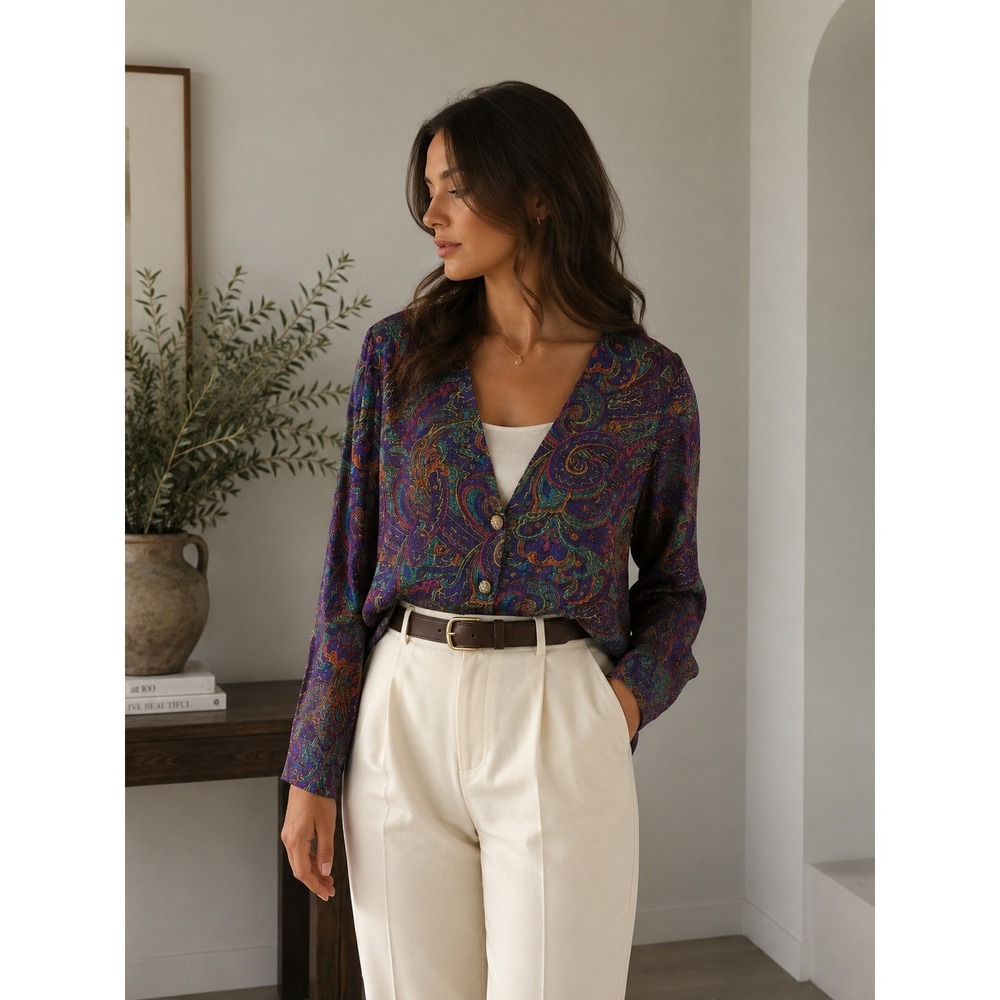 Vintage Stuart Alan Paisley Blazer Faux Layered Jacket‎ Purple Multi Size 18 USA
